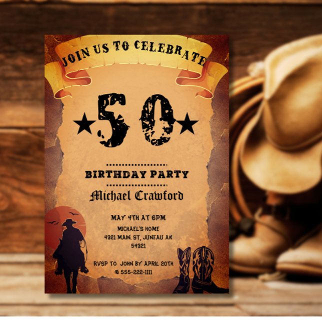 Invitation 50e anniversaire cowboy vieux papier cheval cheval (Créateur téléchargé)