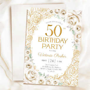 Invitation 50e Anniversaire Crème Or Floral Féminin
