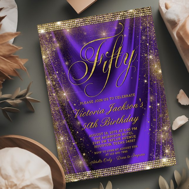 Invitation 50e anniversaire de femme glamour violet or (Need a different year? Simply send us a message.)