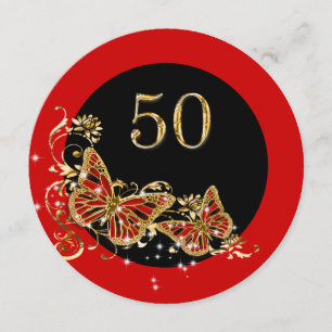 Invitation 50e anniversaire de femme  or rouge des papillons