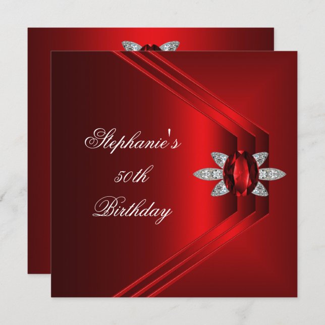 Invitation 50e anniversaire de fête Riche soie rouge bijou di (Devant / Derrière)