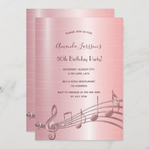 Invitation 50e anniversaire de fête rose notes de musique or