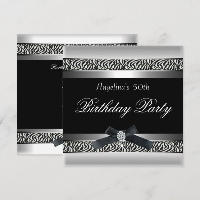 Invitation 50e anniversaire de fête Zebra Black White Diamond (Devant / Derrière)