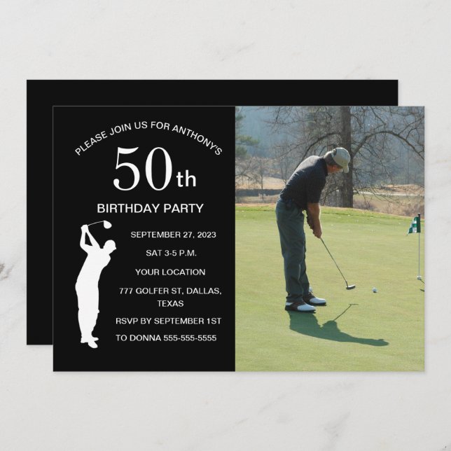Invitation 50e Anniversaire de la fête Golfer Black Par Golf  (Devant / Derrière)