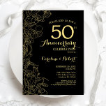 Invitation 50e anniversaire de la florale d'or noir<br><div class="desc">Black Gold Floral 50e anniversaire de la fête Mariage Invitation. Design moderne minimaliste avec accents de dessin botanique et police de script de typographie. Une carte invitation élégante, parfaite pour une célébration élégante. Peut être customisé à n'importe quelle année de mariage. Invitations Zazzle imprimées ou téléchargement instantané modèle imprimable numérique....</div>