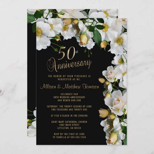Invitation 50e anniversaire de la florale noire et blanche (Devant / Derrière)