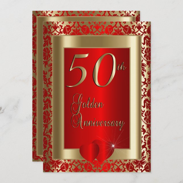 Invitation 50e anniversaire de la Mariage d'or et de rouge |  (Devant / Derrière)