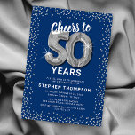 Invitation 50e anniversaire de l'argent bleu<br><div class="desc">Elégante invitation de fête du cinquantième anniversaire avec un arrière - plan bleu élégant qui peut être changé à n'importe quelle couleur,  parties scintillant brillante argent,  cinquante ballons d'hélium argent,  et un modèle de texte de célébration du cinquantième anniversaire moderne qui est facile à personnaliser.</div>