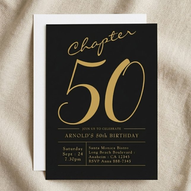 Invitation 50e anniversaire de mari 50 ans fête noir or (50th birthday black and gold invite. Light cloth background.)