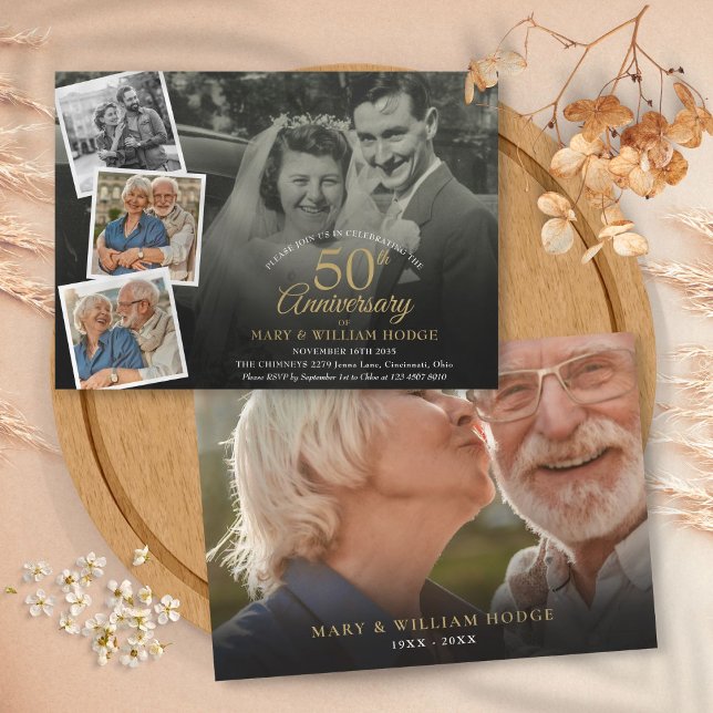 Invitation 50e anniversaire de mariage 5 photos montage (50th Wedding Anniversary 5 Photo Collage Invitation)