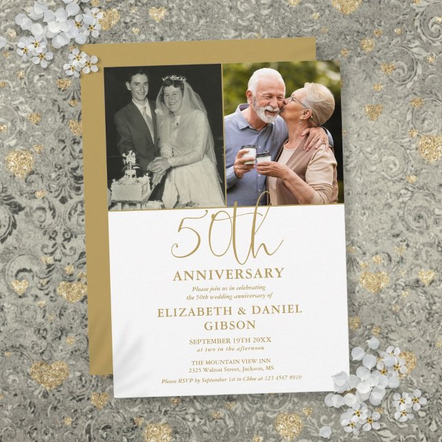Invitation 50e anniversaire de mariage alors et maintenant 2  (50th Wedding Anniversary Then And Now 2 Photo Invitation)