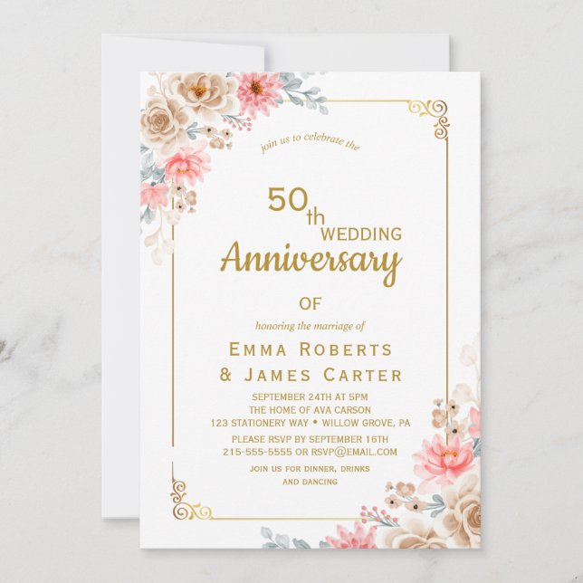 Invitation 50e anniversaire de mariage aquarelle f (Devant)