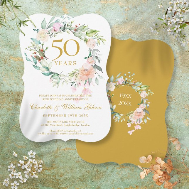 Invitation 50e anniversaire de mariage aquarelle florale (50th Golden Wedding Anniversary Watercolor Floral Invitation)