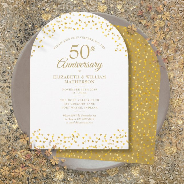 Invitation 50e Anniversaire de Mariage Arches de Cœurs en Or (50th Wedding Anniversary Gold Hearts Arch Invitation)