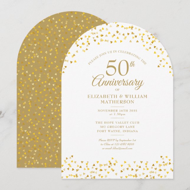 Invitation 50e Anniversaire de Mariage Arches de Cœurs en Or (Devant / Derrière)