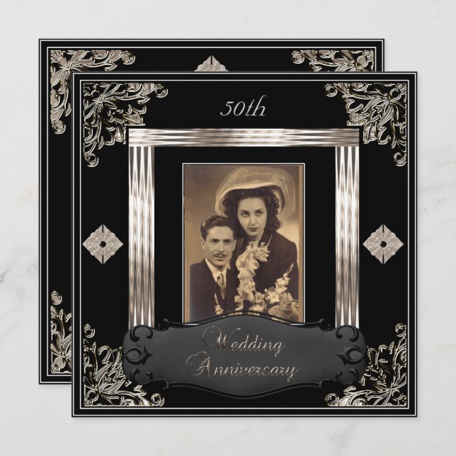 Invitation 50e anniversaire de mariage Art Déco noir sépia (Devant / Derrière)
