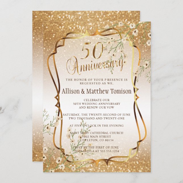 Invitation 50e Anniversaire de Mariage au Paillettes Dorées | (Devant / Derrière)