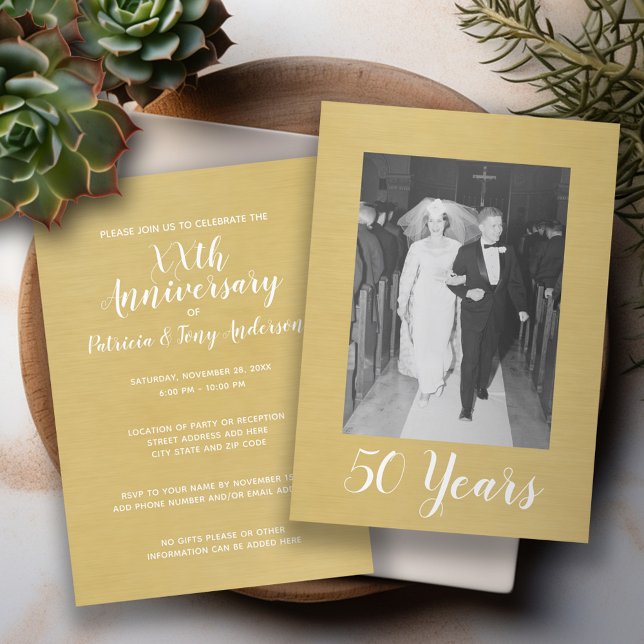 Invitation 50e anniversaire de mariage avec photo - Or brossé (Wedding Anniversary Invitation - Modern Design with Photo)
