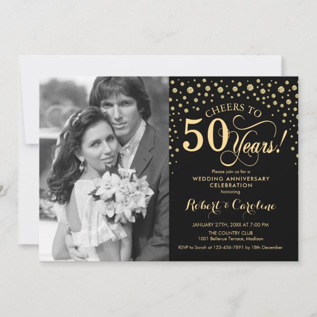 Invitation 50e anniversaire de mariage avec photo - Or Noir (Devant)