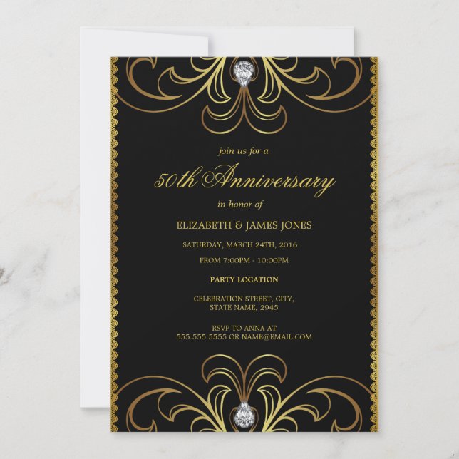 Invitation 50e anniversaire de mariage Black & Gol (Devant)