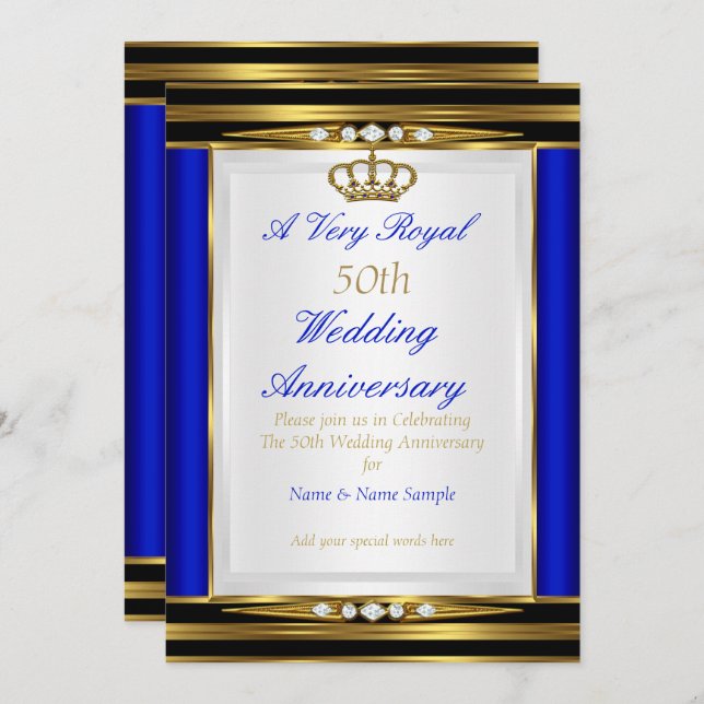 Invitation 50e anniversaire de mariage bleu royal couronne d' (Devant / Derrière)