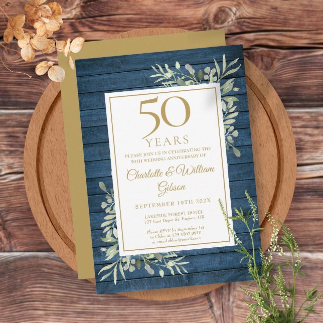 Invitation 50e anniversaire de mariage Bleu Rustique Bois Ver (Créateur téléchargé)