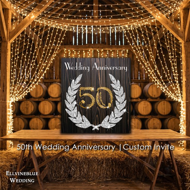 Invitation 50e anniversaire de mariage | Bois rustique et or (50th Wedding Anniversary Invite | Rustic Wood & Diamond Laurel. Size: 5.25” x 5.25”)