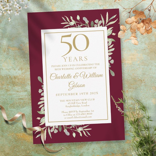 Invitation 50e Anniversaire de Mariage Bourgogne Feuillage Ve (Créateur téléchargé)