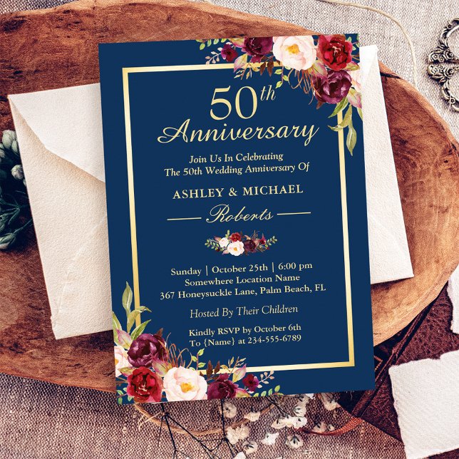 Invitation 50e Anniversaire de Mariage Bourgogne Floral Bleu  (Créateur téléchargé)