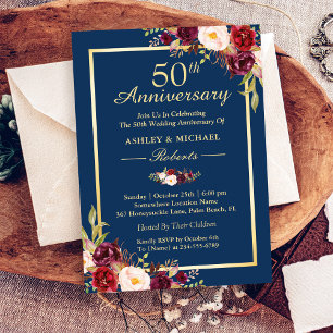 Invitation 50e anniversaire de Mariage Burgundy Floral Navy B