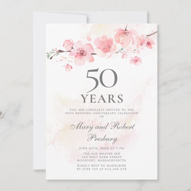 Invitation 50e anniversaire de mariage Cerisier Rose (Devant)