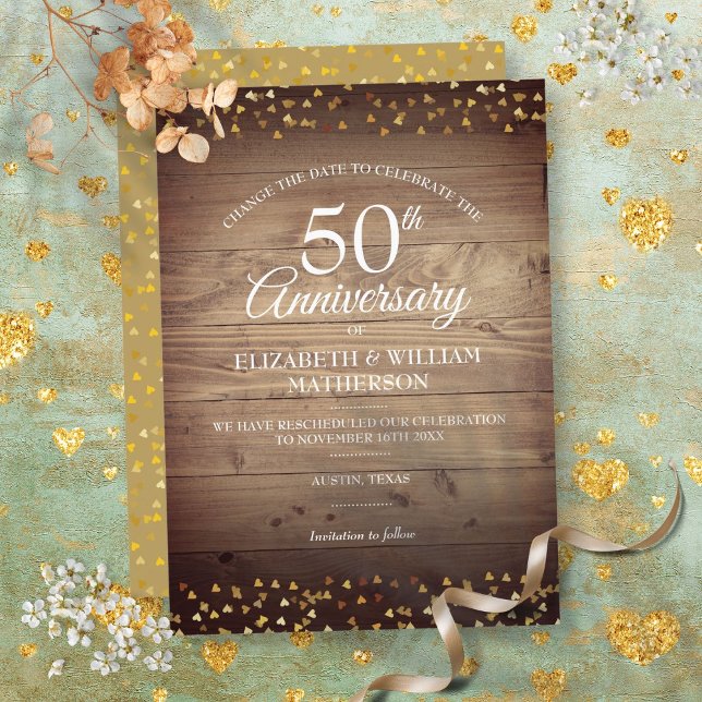 Invitation 50e anniversaire de mariage Changement de date Rus (50th Golden Anniversary Change the Date Rustic Invitation)