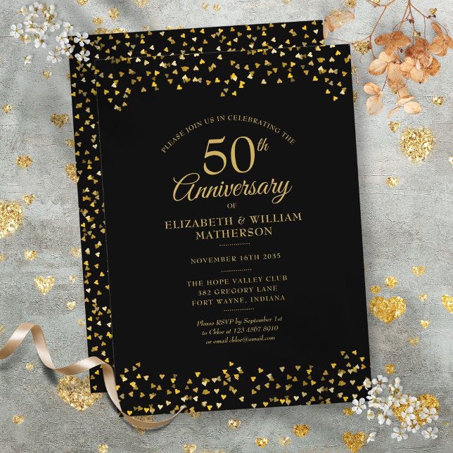 Invitation 50e Anniversaire de Mariage Cœurs d'Amour Noir Or (50th Wedding Anniversary Black Gold Love Hearts Invitation)