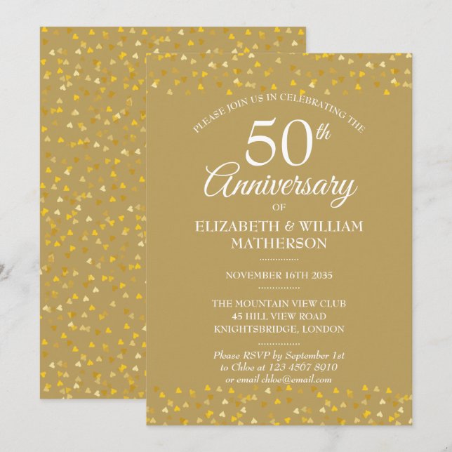 Invitation 50e anniversaire de mariage Cœurs dorés (Devant / Derrière)