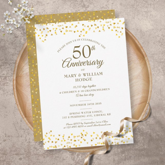 Invitation 50e Anniversaire de Mariage Cœurs Dorés Souvenirs (Créateur téléchargé)