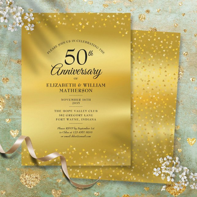 Invitation 50e anniversaire de mariage cœurs or papier métall (50th Wedding Anniversary Gold Hearts Foil Invitation)