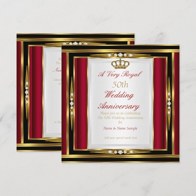 Invitation 50e Anniversaire de Mariage Couronne Royale Rouge  (Devant / Derrière)