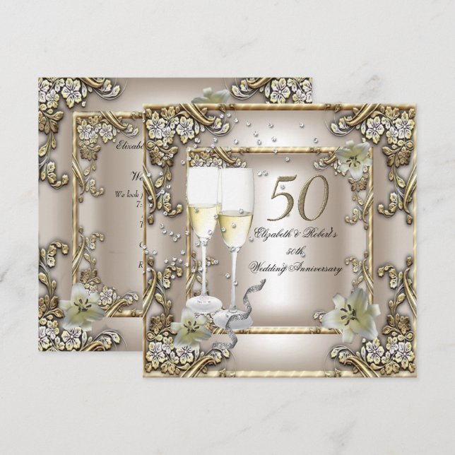 Invitation 50e Anniversaire de Mariage Crème Or Lily (Devant / Derrière)