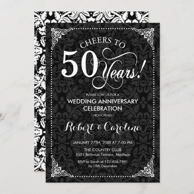Invitation 50e anniversaire de mariage - Damask noir et blanc (Devant / Derrière)