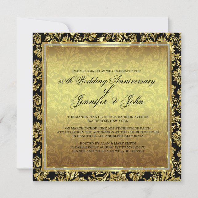 Invitation 50e Anniversaire de Mariage Damassés Noir & Or (Devant)