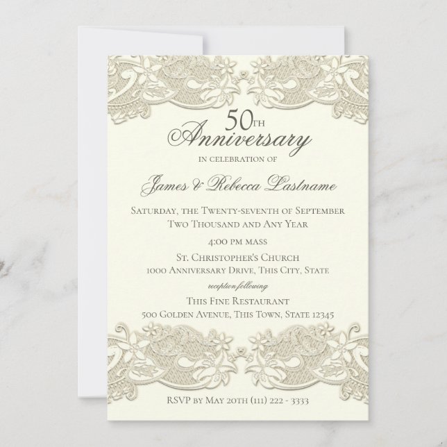 Invitation 50e anniversaire de mariage dentelle florale vinta (Devant)