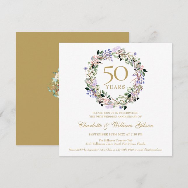 Invitation 50e anniversaire de Mariage d'or Lavender Floral (Devant / Derrière)