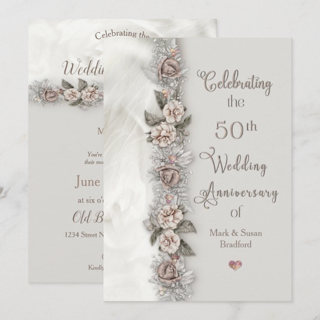 Invitation 50e anniversaire de mariage Dreamy Floral Beige Ro (Devant / Derrière)