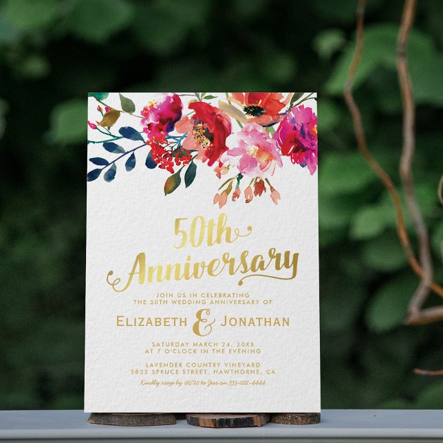 Invitation 50e Anniversaire de Mariage Élégant Fleurs Dorées (Créateur téléchargé)
