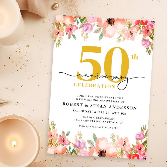 Invitation 50e anniversaire de mariage Élégant Floral (Créateur téléchargé)