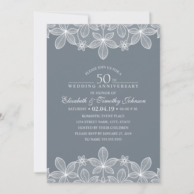 Invitation 50e anniversaire de mariage élégant luxe dentelle (Devant)