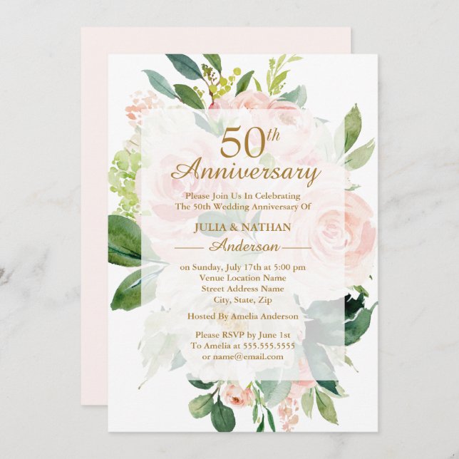 Invitation 50e anniversaire de mariage Elegant Rose Pêche Fle (Devant / Derrière)