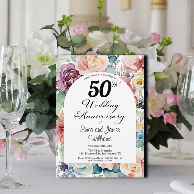 Invitation 50e anniversaire de Mariage Élégant script floral (Créateur téléchargé)