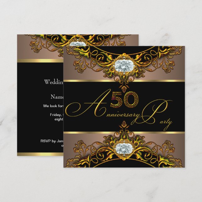 Invitation 50e anniversaire de mariage Elite Coffee noir or 2 (Devant / Derrière)