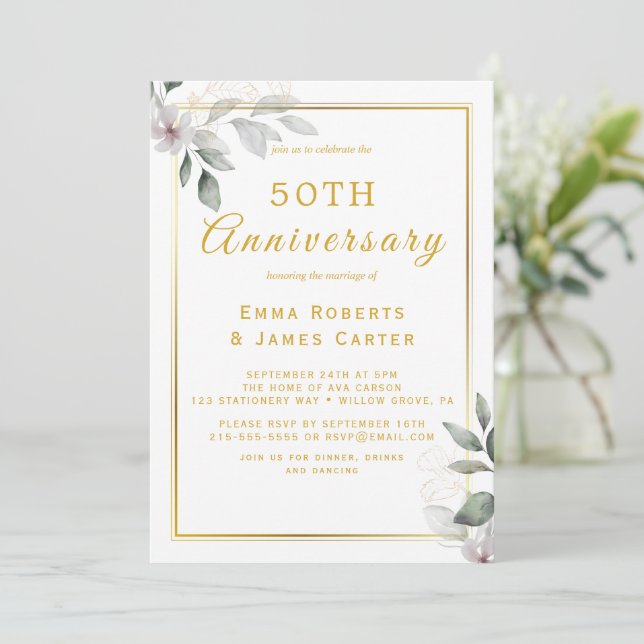 Invitation 50e anniversaire de mariage en or et verdure  (Debout devant)